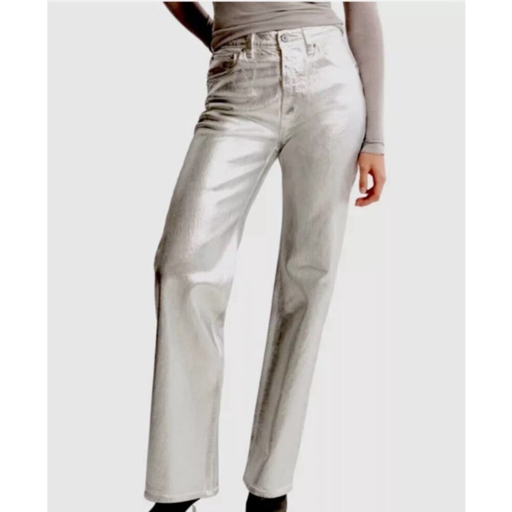 Almost Famous Dad Jean Juniors Metallic Silver Pants Size 5
